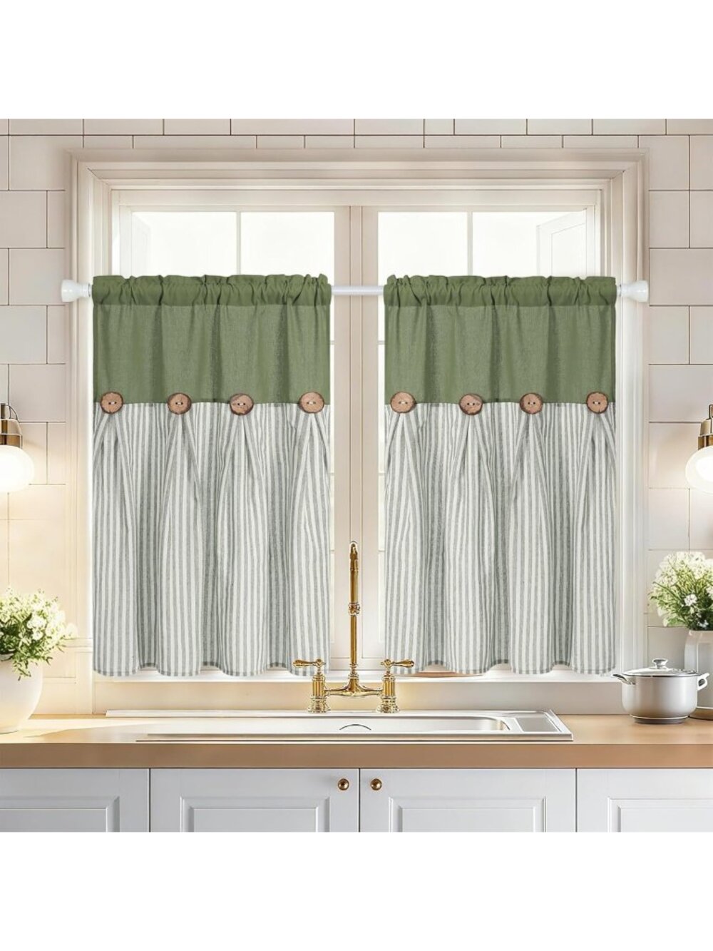 Boho Green Stripe Linen Kitchen Curtains 36" | Farmhouse Short Window Tiers